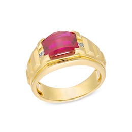 Sideways Cushion-Cut Lab-Created Ruby and Diamond Accent Bar Shank Ring in 10K Gold