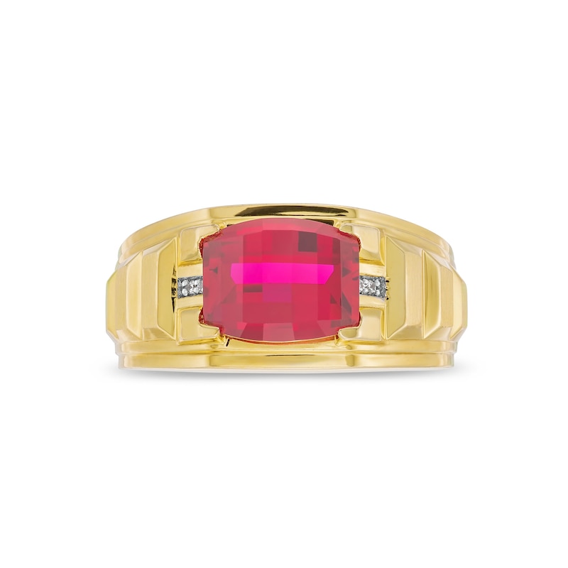 Main Image 3 of Sideways Barrel-Cut Lab-Created Ruby and Diamond Accent Bar Shank Ring in 10K Gold