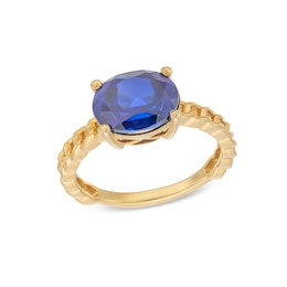 Sideways Oval Blue Lab-Created Sapphire Solitaire Cuban Curb Chain Shank Ring in 10K Gold