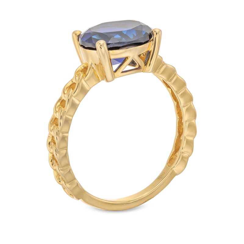 Sideways Oval Blue Lab-Created Sapphire Solitaire Cuban Curb Chain Shank Ring in 10K Gold