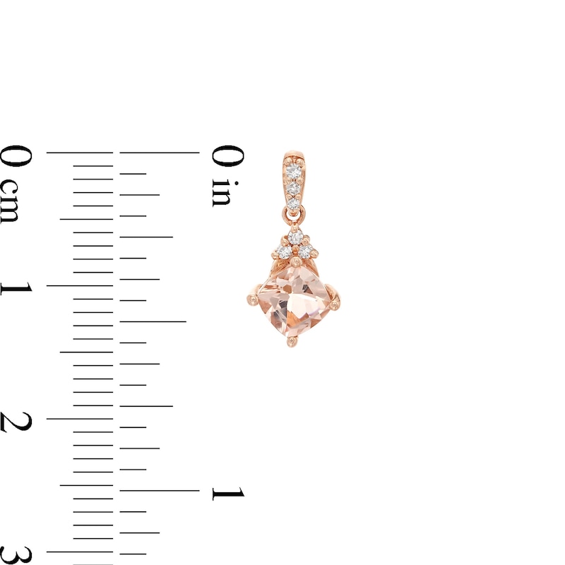 5.0mm Tilted Cushion-Cut Morganite and 1/15 CT. T.W. Diamond Tri-Top Drop Earrings in 10K Rose Gold