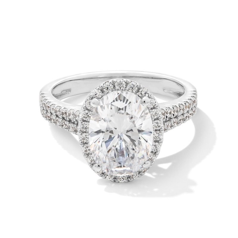 Main Image 1 of 3-1/2 CT. T.W. Oval Certified Lab-Created Diamond Frame Double Row Engagement Ring in 14K White Gold (F/SI2)