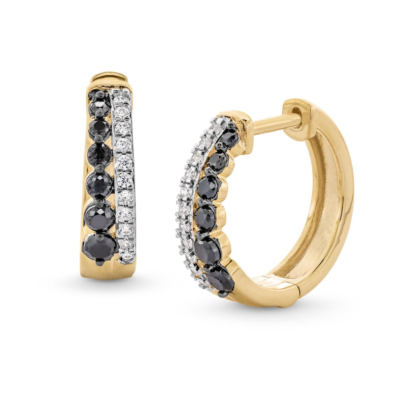 Main Image 1 of 1/2 CT. T.W. Black and White Diamond Graduated Double Row Hoop Earrings in Sterling Silver with 10K Gold Plate