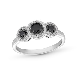 1/2 CT. T.W. Black and White Diamond Frame Three Stone Ring in Sterling Silver