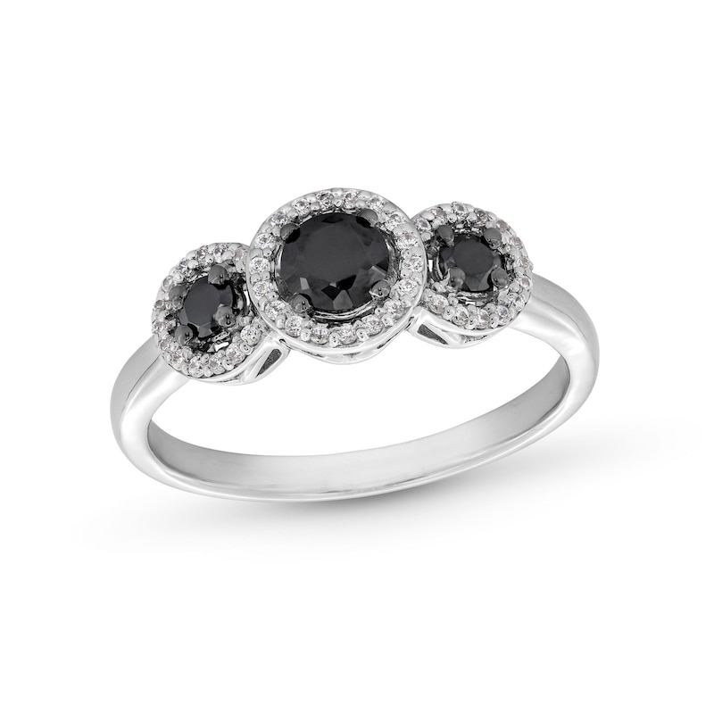 Main Image 1 of 1/2 CT. T.W. Black and White Diamond Frame Three Stone Ring in Sterling Silver