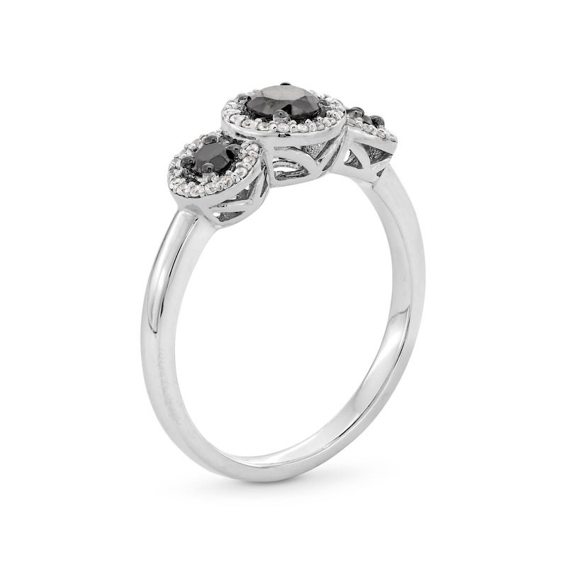 Main Image 3 of 1/2 CT. T.W. Black and White Diamond Frame Three Stone Ring in Sterling Silver