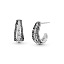 1/2 CT. T.W. Black and White Diamond Triple Row Open Hoop Earrings in Sterling Silver