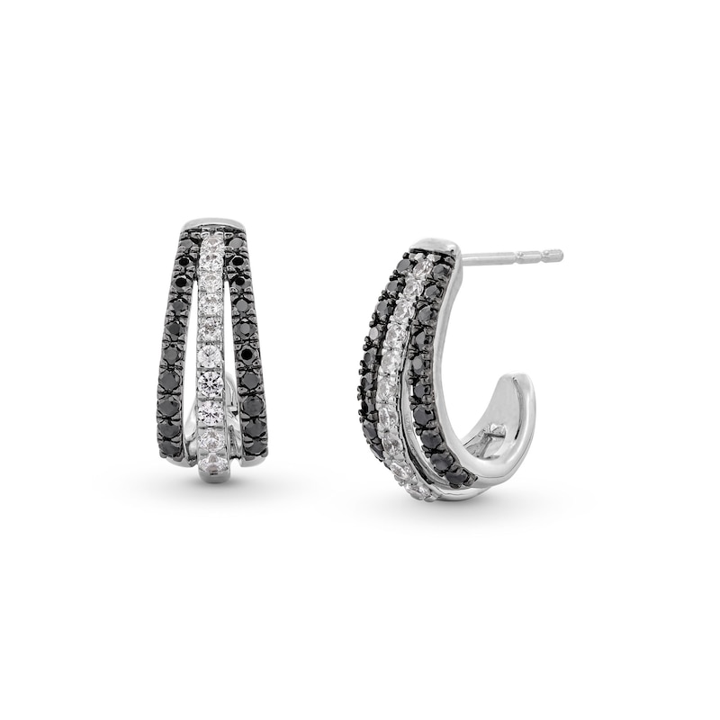 1/2 CT. T.W. Black and White Diamond Triple Row Open Hoop Earrings in Sterling Silver