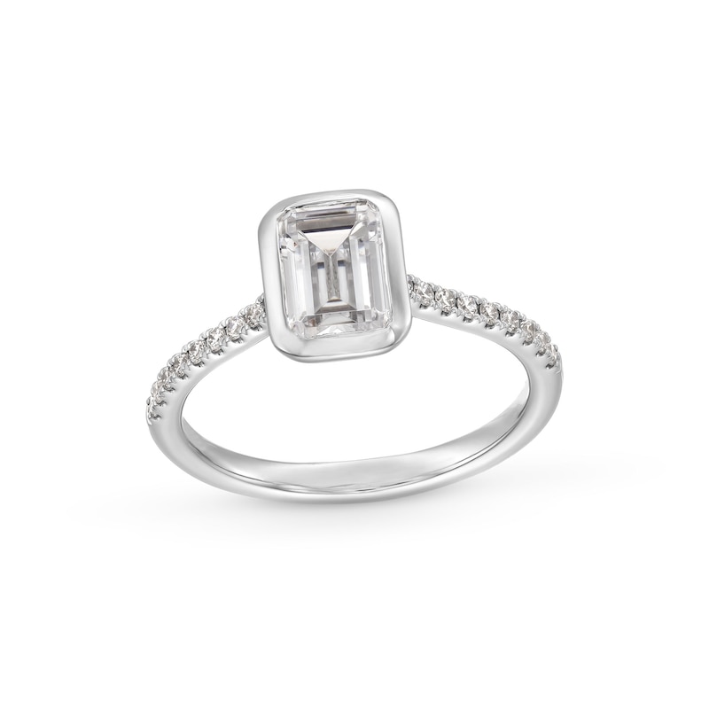 1-3/4 CT. T.W. Emerald-Cut Certified Lab-Created Diamond Bezel-Set Engagement Ring in 14K White Gold (F/VS2)