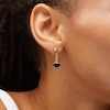 Thumbnail Image 2 of Sideways Oval Blue Lab-Created Sapphire Solitaire Cuban Curb Chain Drop Earrings in 10K Gold