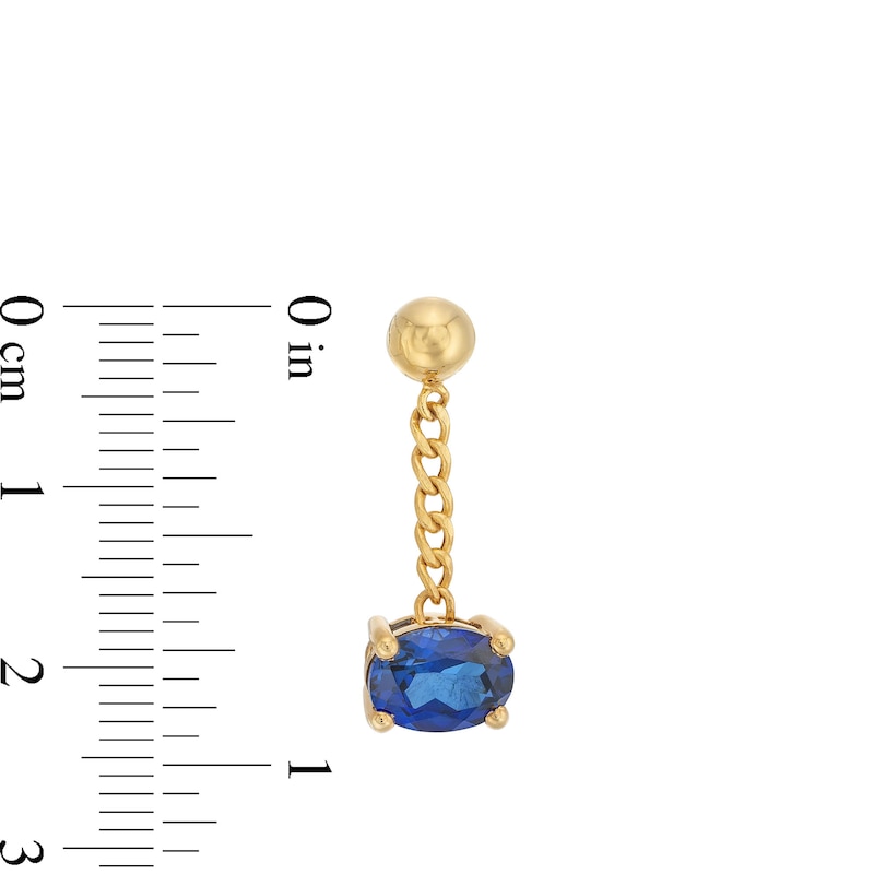 Main Image 3 of Sideways Oval Blue Lab-Created Sapphire Solitaire Cuban Curb Chain Drop Earrings in 10K Gold