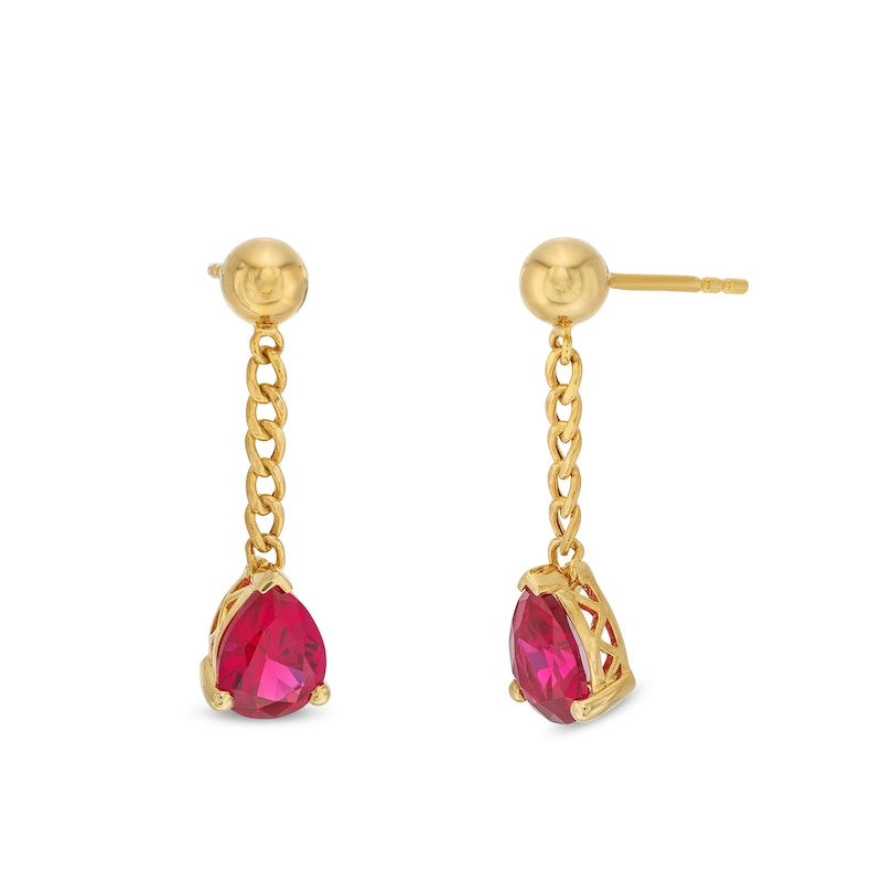 Pear-Shaped Lab-Created Ruby Solitaire Cuban Curb Chain Drop Earrings in 10K Gold