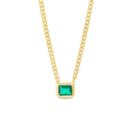 Emerald-Cut Lab-Created Emerald Bezel-Set Solitaire Cuban Curb Chain Necklace in 10K Gold