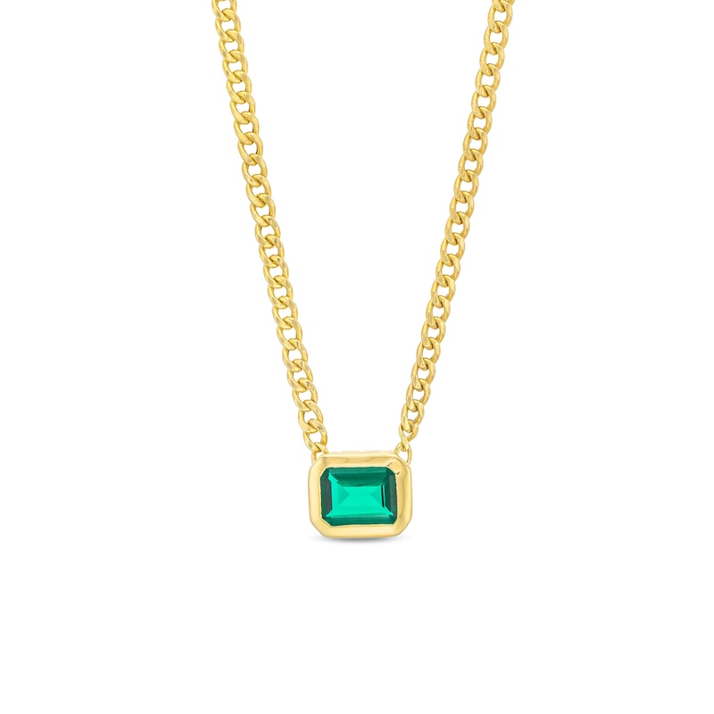 Main Image 1 of Emerald-Cut Lab-Created Emerald Bezel-Set Solitaire Sideways Necklace in 10K Gold