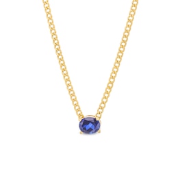 Oval Blue Lab-Created Sapphire Sideways Solitaire Cuban Curb Chain Necklace in 10K Gold