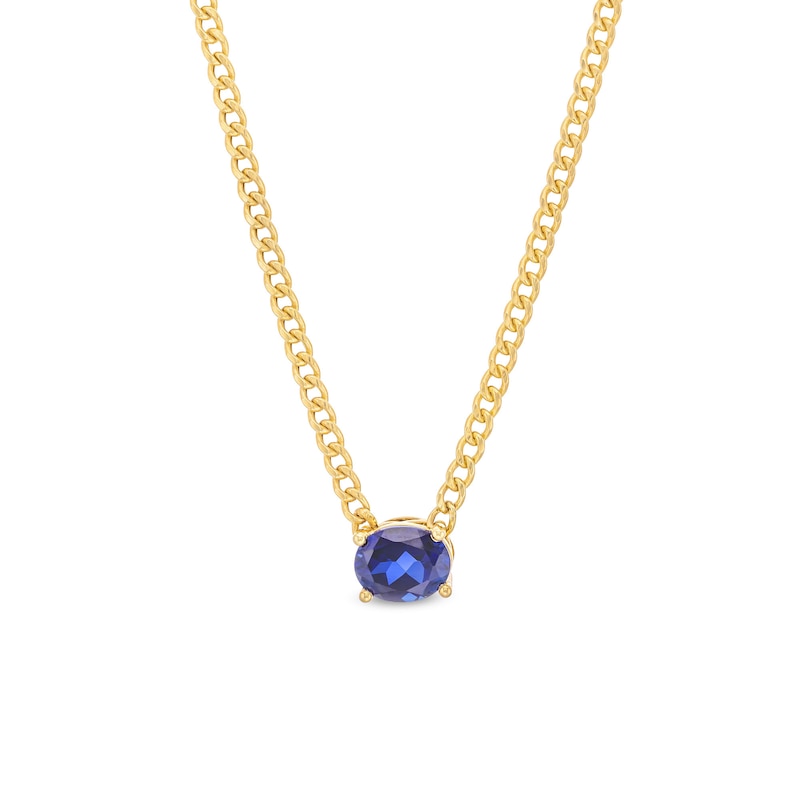 Main Image 1 of Oval Blue Lab-Created Sapphire Solitaire Sideways Necklace in 10K Gold