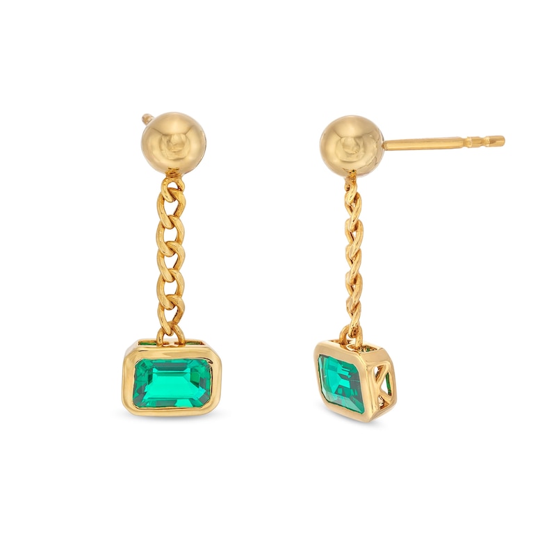 Sideways Emerald-Cut Lab-Created Emerald Bezel-Set Solitaire Cuban Curb Chain Drop Earrings in 10K Gold