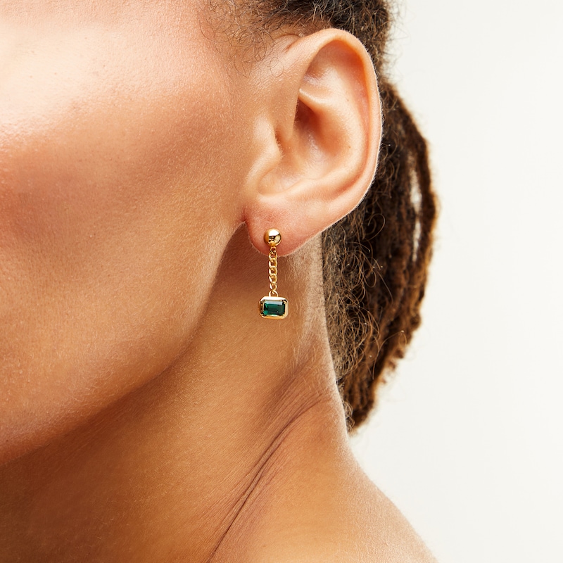 Sideways Emerald-Cut Lab-Created Emerald Bezel-Set Solitaire Cuban Curb Chain Drop Earrings in 10K Gold