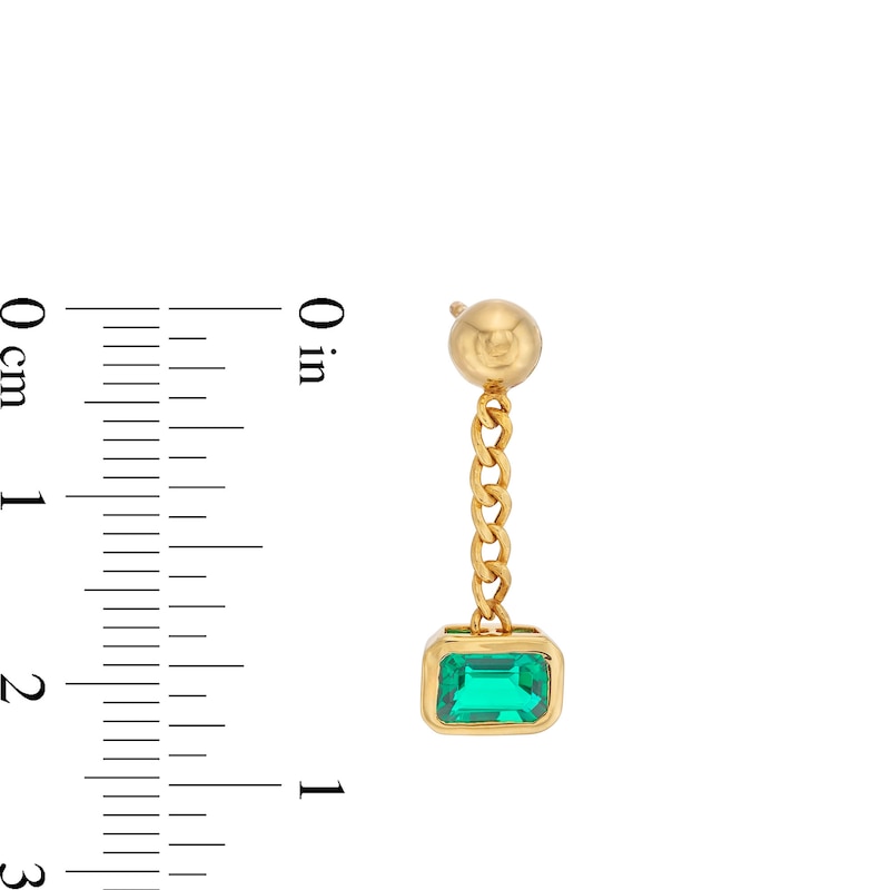 Sideways Emerald-Cut Lab-Created Emerald Bezel-Set Solitaire Cuban Curb Chain Drop Earrings in 10K Gold