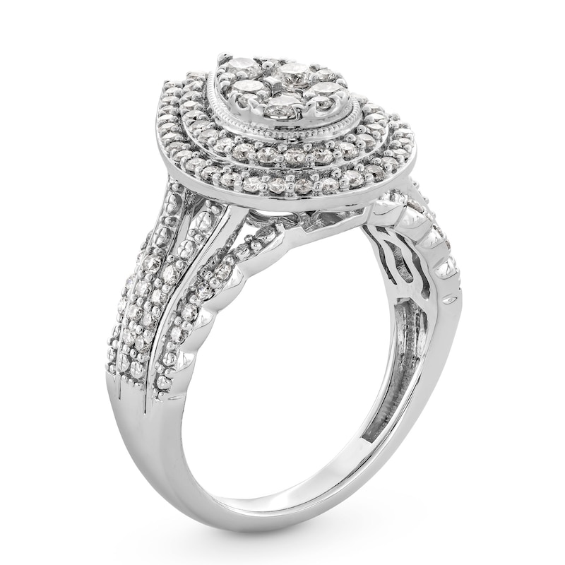 1 CT. T.W. Pear-Shaped Multi-Diamond Double Frame Multi-Row Split Shank Engagement Ring in 10K White Gold