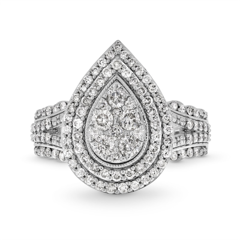 1 CT. T.W. Pear-Shaped Multi-Diamond Double Frame Multi-Row Split Shank Engagement Ring in 10K White Gold