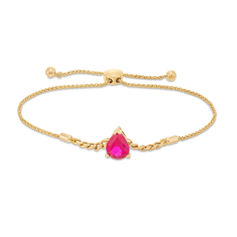 Main Image 1 of Pear-Shaped Lab-Created Ruby Solitaire Cuban Curb Chain Bolo Bracelet in 10K Gold - 8.5&quot;