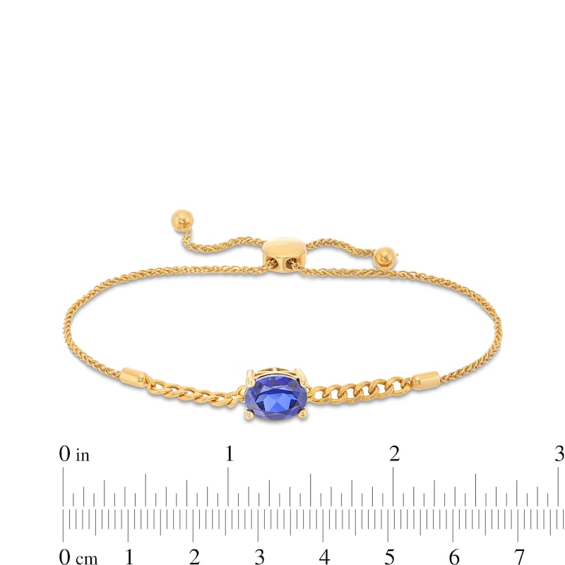 Main Image 3 of Sideways Oval Blue Lab-Created Sapphire Solitaire Cuban Curb Chain Bolo Bracelet in 10K Gold - 8.5&quot;