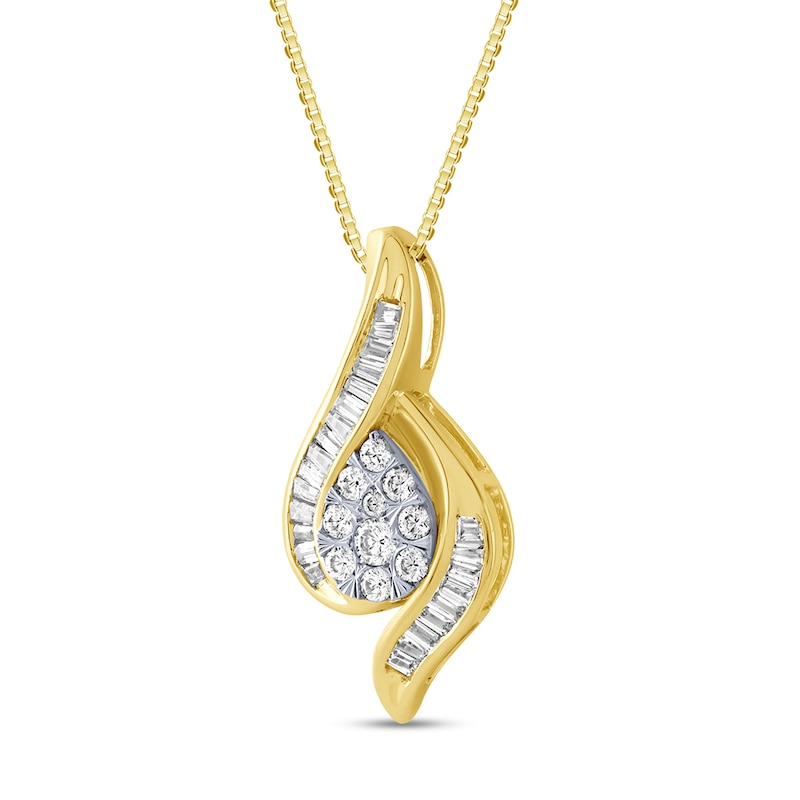 Main Image 2 of 1/2 CT. T.W. Pear-Shaped Multi-Diamond Flame Frame Pendant in 10K Gold