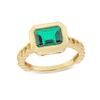 Thumbnail Image 0 of Sideways Emerald-Cut Lab-Created Emerald Bezel-Set Solitaire Cuban Curb Chain Shank Ring in 10K Gold