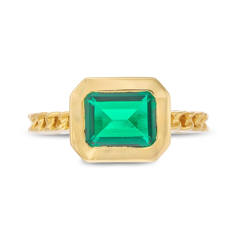 Sideways Emerald-Cut Lab-Created Emerald Bezel-Set Solitaire Cuban Curb Chain Shank Ring in 10K Gold