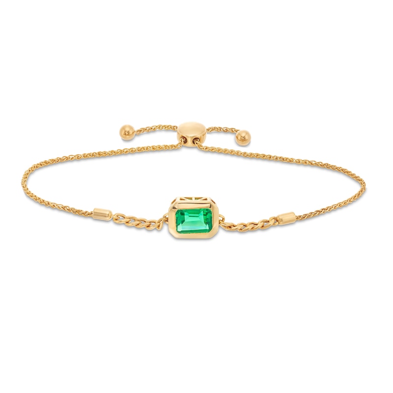 Sideways Emerald-Cut Lab-Created Emerald Bezel-Set Solitaire Cuban Curb Chain Bolo Bracelet in 10K Gold - 8.5"