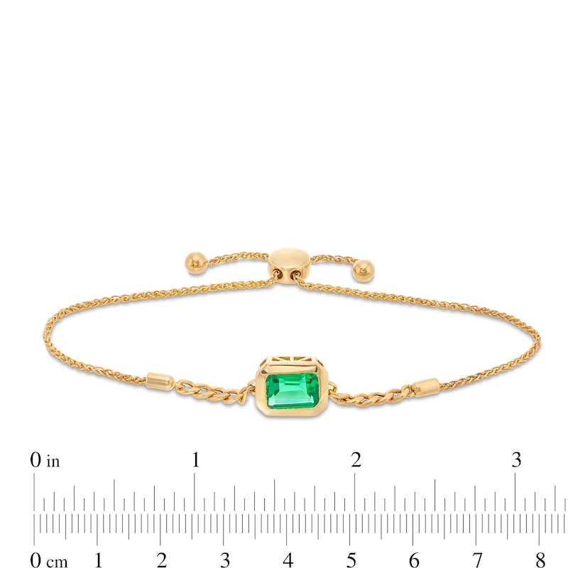 Sideways Emerald-Cut Lab-Created Emerald Bezel-Set Solitaire Cuban Curb Chain Bolo Bracelet in 10K Gold - 8.5"