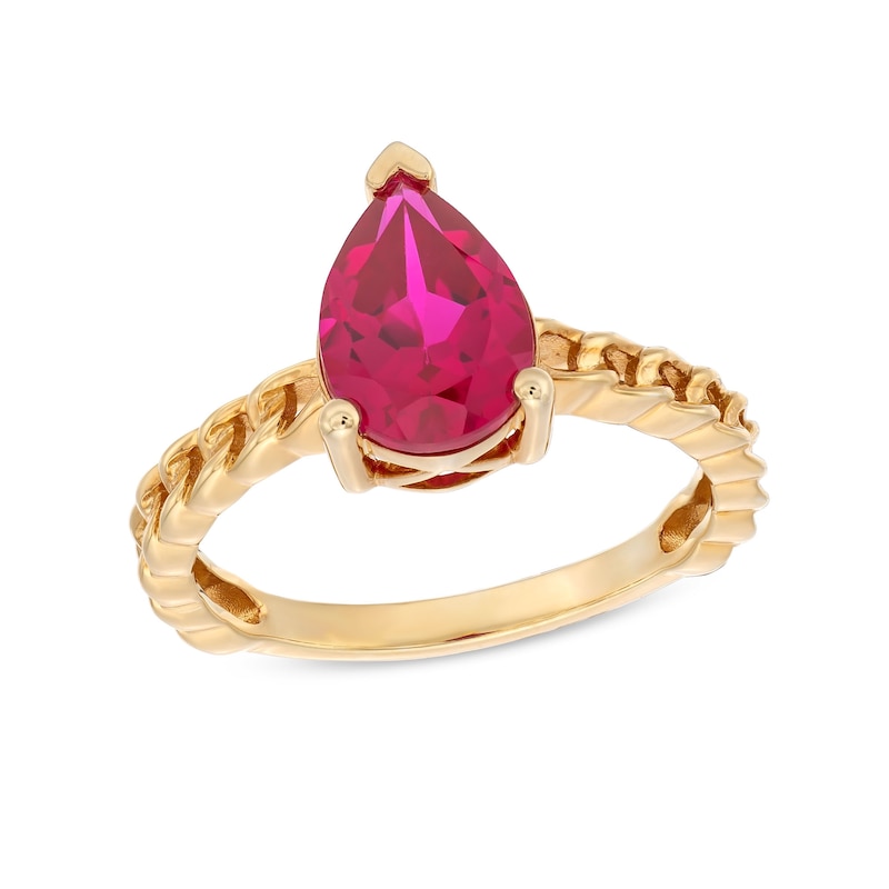 Pear-Shaped Lab-Created Ruby Solitaire Cuban Curb Chain Shank Ring in 10K Gold