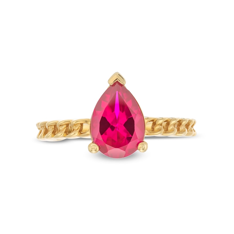 Main Image 4 of Pear-Shaped Lab-Created Ruby Solitaire Cuban Curb Chain Shank Ring in 10K Gold