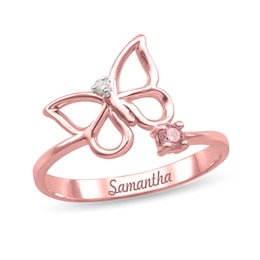 Birthstone and Diamond Accent Engravable Butterfly Ring (1 Stone and Line)