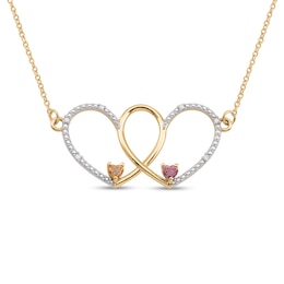 Couple's Heart-Shaped Birthstone and Diamond Accent Looping Double Heart Necklace (2 Stones)