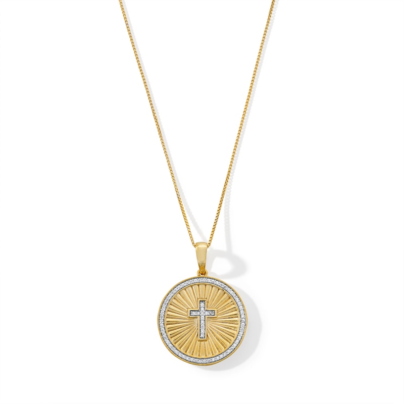 Main Image 1 of 1/4 CT. T.W. Diamond Frame Sunburst Cross Medallion Pendant in 10K Gold - 22”