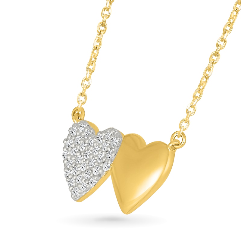 Main Image 2 of 1/8 CT. T.W. Multi-Diamond and Polished Double Heart Necklace in 10K Gold