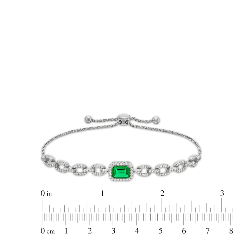 Main Image 3 of Emerald-Cut Lab-Created Emerald and White Lab-Created Sapphire Frame Link Bolo Bracelet in Sterling Silver - 9.0&quot;