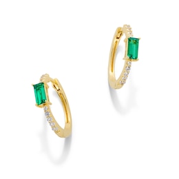 Baguette-Cut Lab-Created Emerald and White Lab-Created Sapphire Hoop Earrings in Sterling Silver with 18K Gold Plate