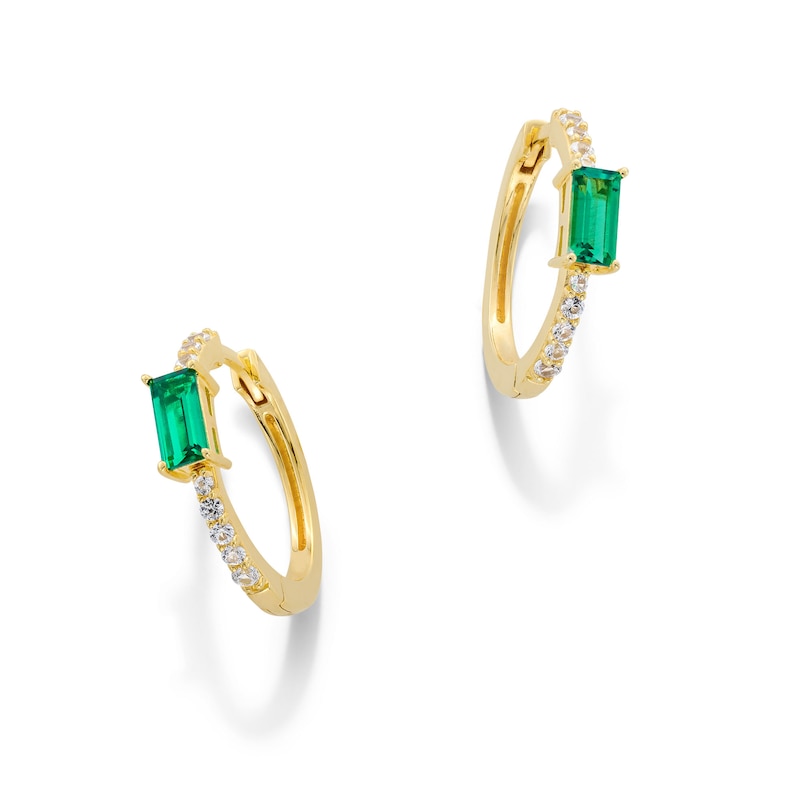 Main Image 1 of Baguette-Cut Lab-Created Emerald and White Lab-Created Sapphire Hoop Earrings in Sterling Silver with 18K Gold Plate