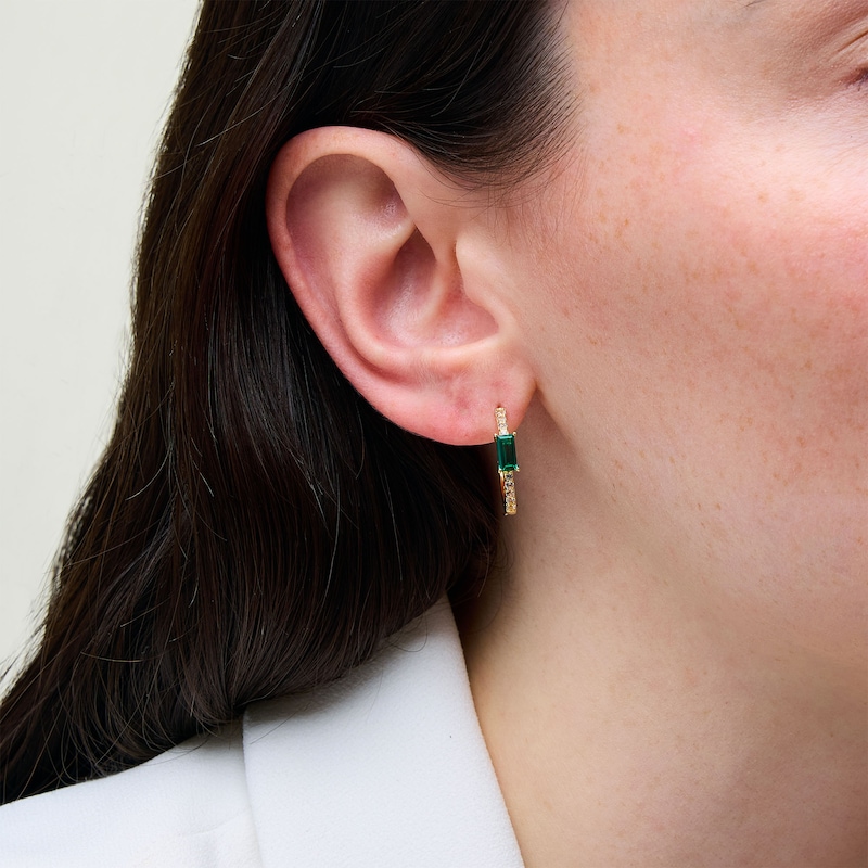 Main Image 2 of Baguette-Cut Lab-Created Emerald and White Lab-Created Sapphire Hoop Earrings in Sterling Silver with 18K Gold Plate