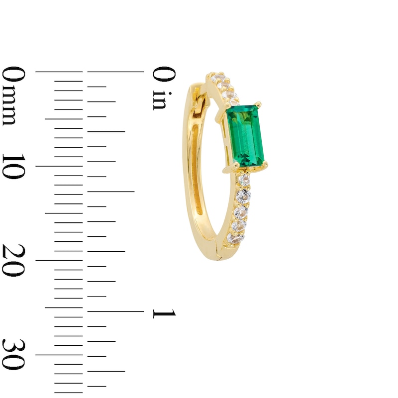 Main Image 3 of Baguette-Cut Lab-Created Emerald and White Lab-Created Sapphire Hoop Earrings in Sterling Silver with 18K Gold Plate