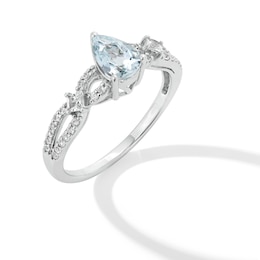 Pear-Shaped Aquamarine and White Lab-Created Sapphire Loop Shank Ring in Sterling Silver