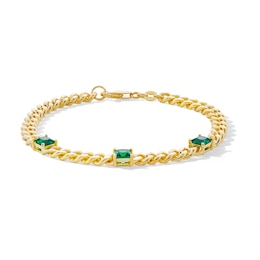 5.0mm Princess-Cut Lab-Created Emerald Station Cuban Curb Chain Bracelet in Sterling Silver with 18K Gold Plate - 7.25&quot;