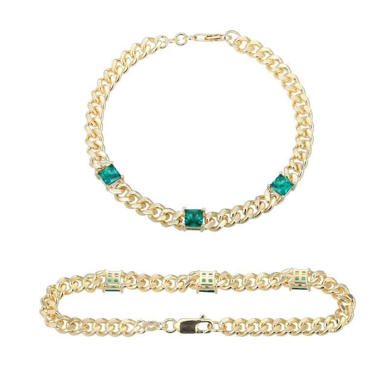 Main Image 1 of 5.0mm Princess-Cut Lab-Created Emerald Station Cuban Curb Chain Bracelet in Sterling Silver with 18K Gold Plate - 7.25&quot;