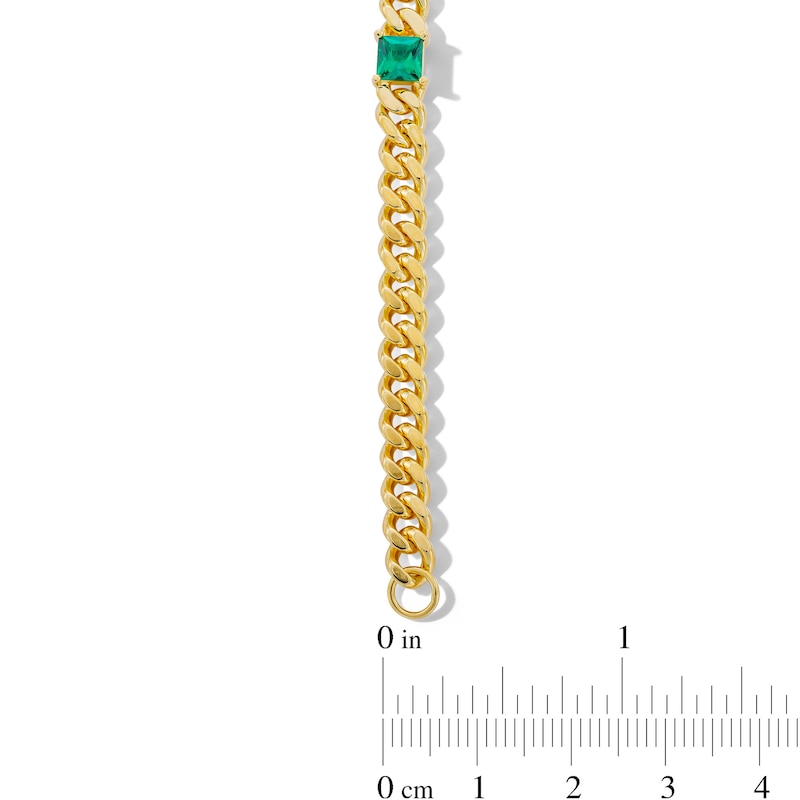 Main Image 2 of 5.0mm Princess-Cut Lab-Created Emerald Station Cuban Curb Chain Bracelet in Sterling Silver with 18K Gold Plate - 7.25&quot;