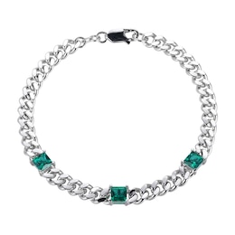 5.0mm Princess-Cut Lab-Created Emerald Station Cuban Curb Chain Bracelet in Sterling Silver - 7.25&quot;