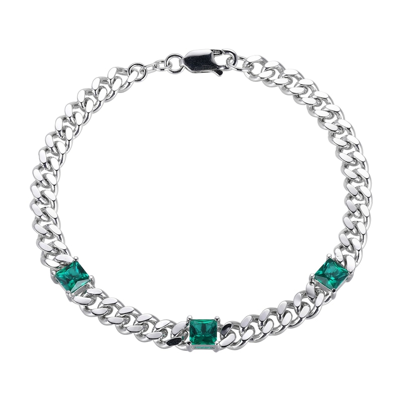 Main Image 1 of 5.0mm Princess-Cut Lab-Created Emerald Station Cuban Curb Chain Bracelet in Sterling Silver - 7.25&quot;