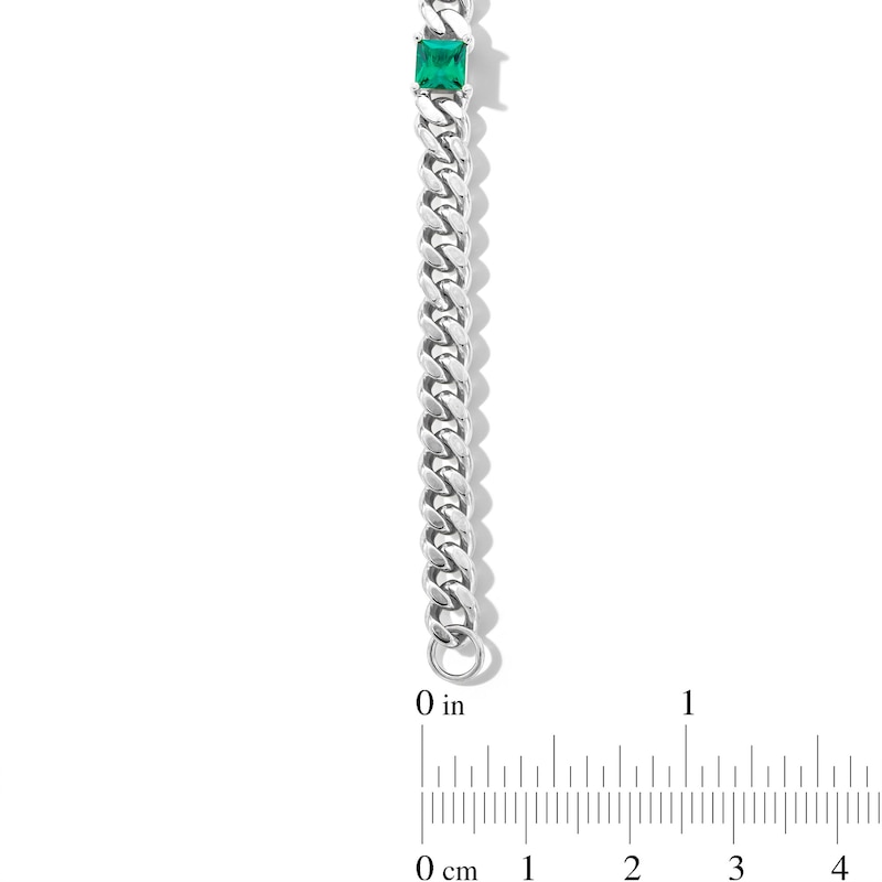 Main Image 3 of 5.0mm Princess-Cut Lab-Created Emerald Station Cuban Curb Chain Bracelet in Sterling Silver - 7.25&quot;